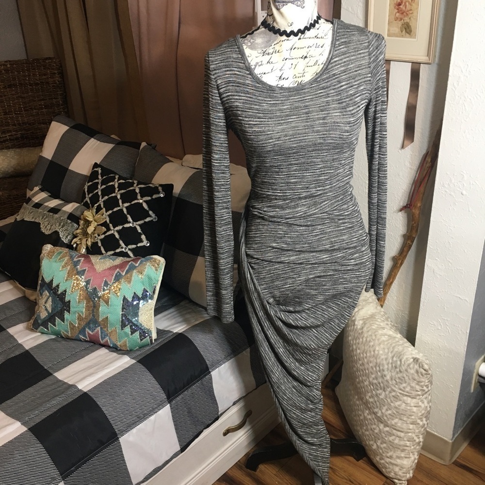 UK2LA slinky long sleeve low scoop back side draped knit dress